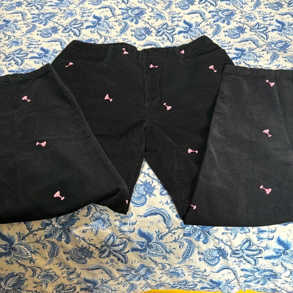 Women’s Black Corduroy Trousers with Pink Embroidery
